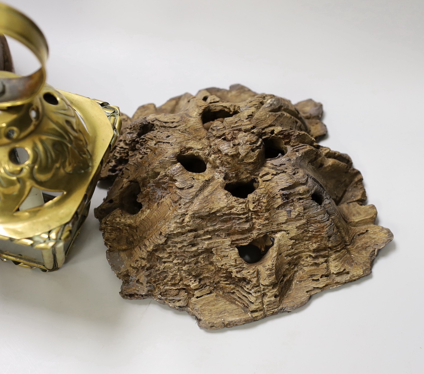 An oak grain measure, a 17th century oak rosette boss and ceiling pendant candle lantern